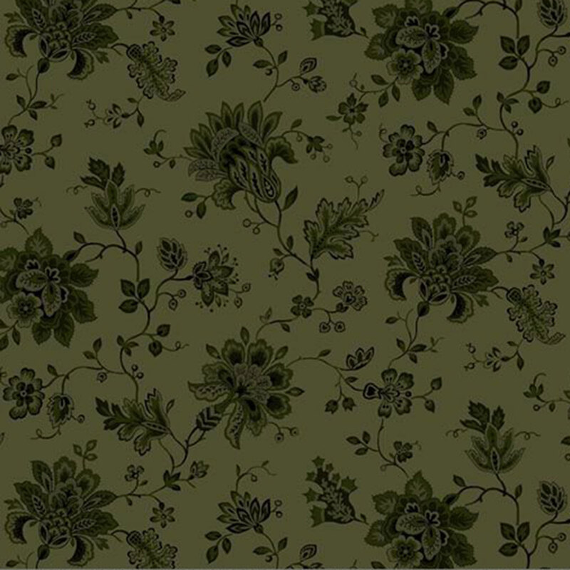 Tonal dark sage fabric featuring antique flowers, leaves and vines.