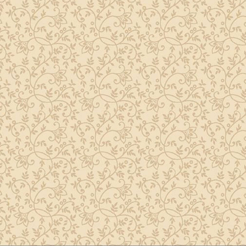 tonal cream fabric featuring flowers, leaves, and swirling vines.