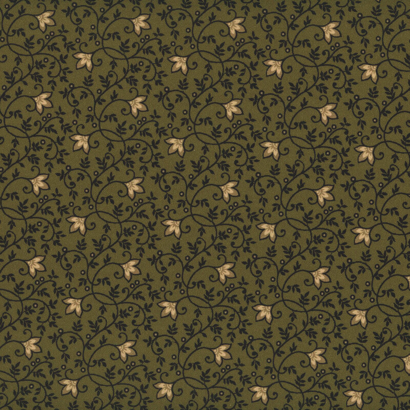 Dark sage green fabric featuring black leaves and vines and delicate cream flowers.