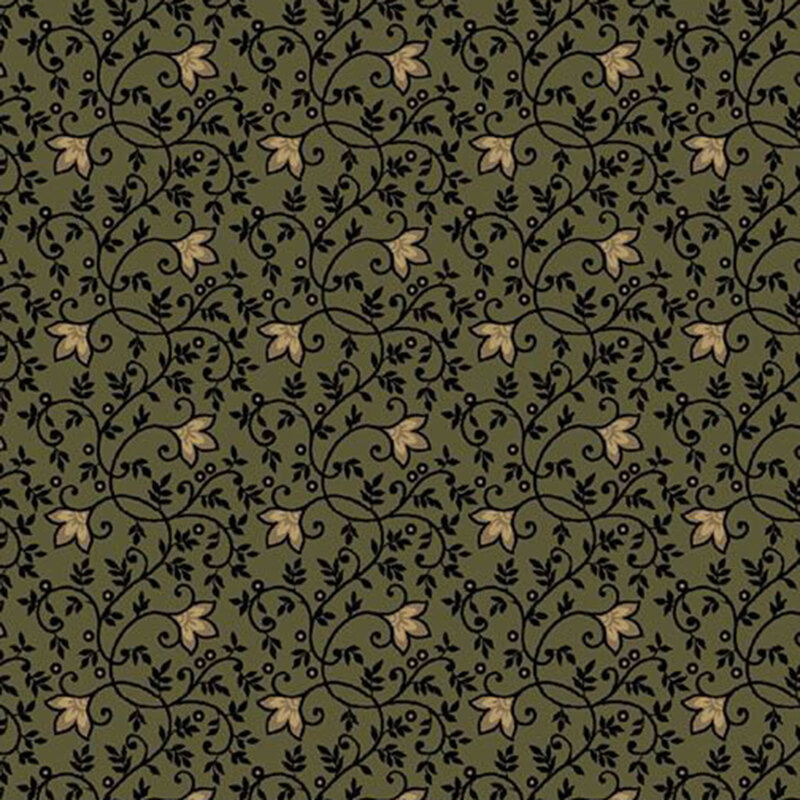 Dark sage green fabric featuring black leaves and vines and delicate cream flowers.