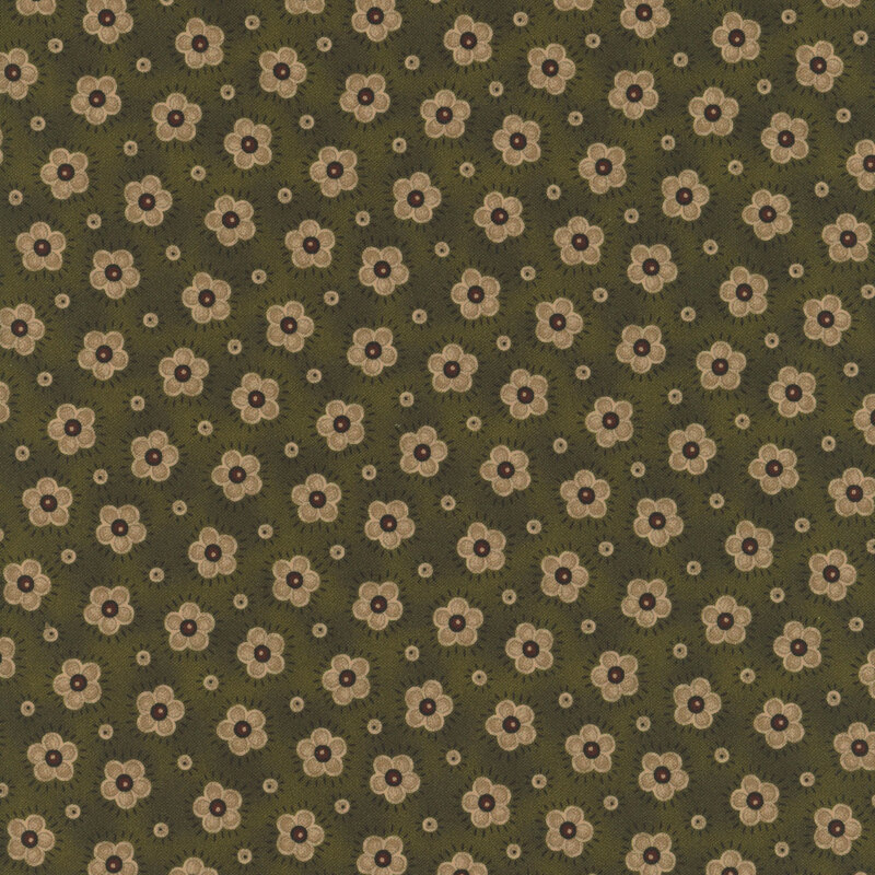 This mottled hunter green fabric features olive green blooms and circles in alternating diagonal rows.