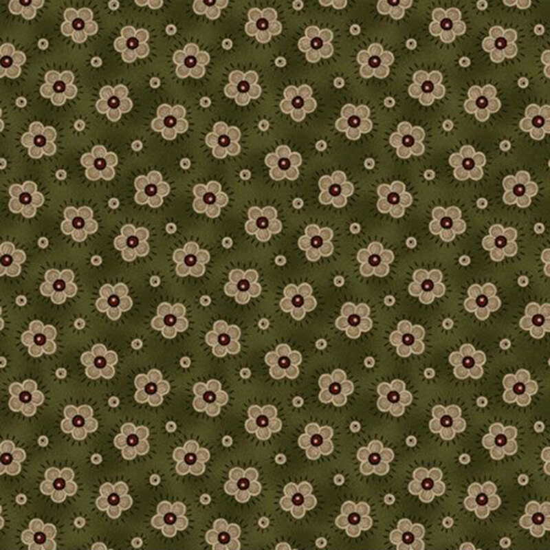 This mottled hunter green fabric features olive green blooms and circles in alternating diagonal rows.