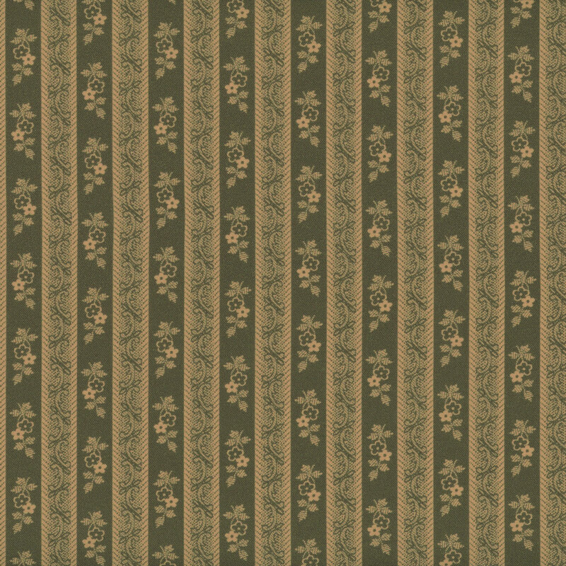 Tonal sage green fabric with alternating strips of florals and primitive vine patterns.