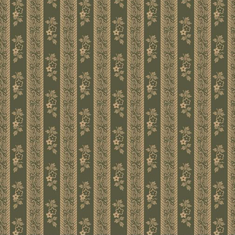 Tonal sage green fabric with alternating strips of florals and primitive vine patterns.