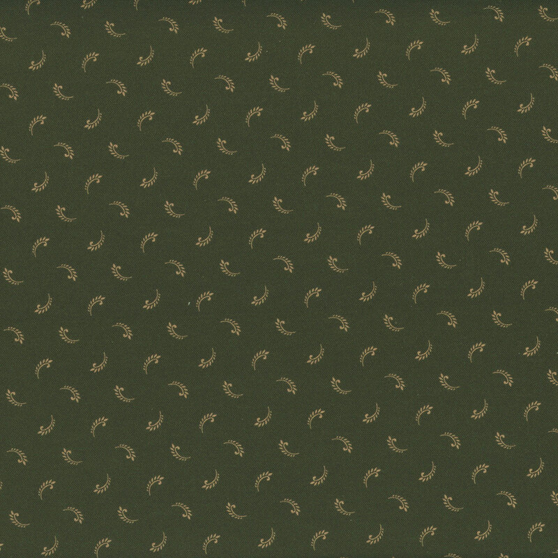 Hunter green fabric tossed with a tossed pattern of tan fern leaves.