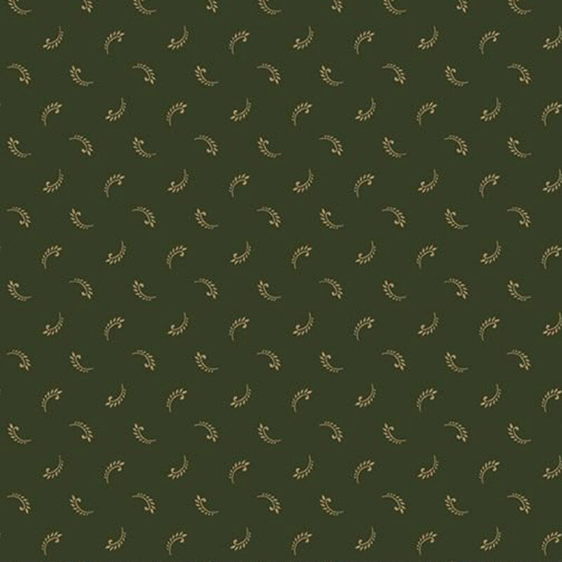 Hunter green fabric tossed with a ditsy pattern of tan fern leaves.