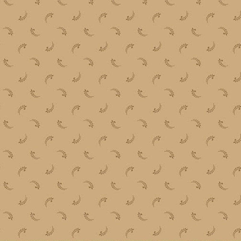 Tan fabric tossed with a ditsy pattern of brown fern leaves.