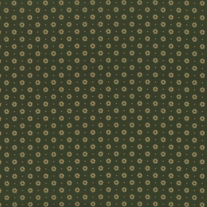 Hunter green fabric featuring rows of sage green flowers separated by sage dots.