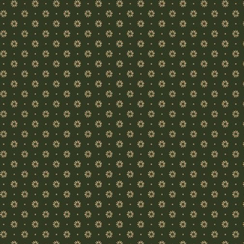 Hunter green fabric featuring rows of sage green flowers separated by sage dots.