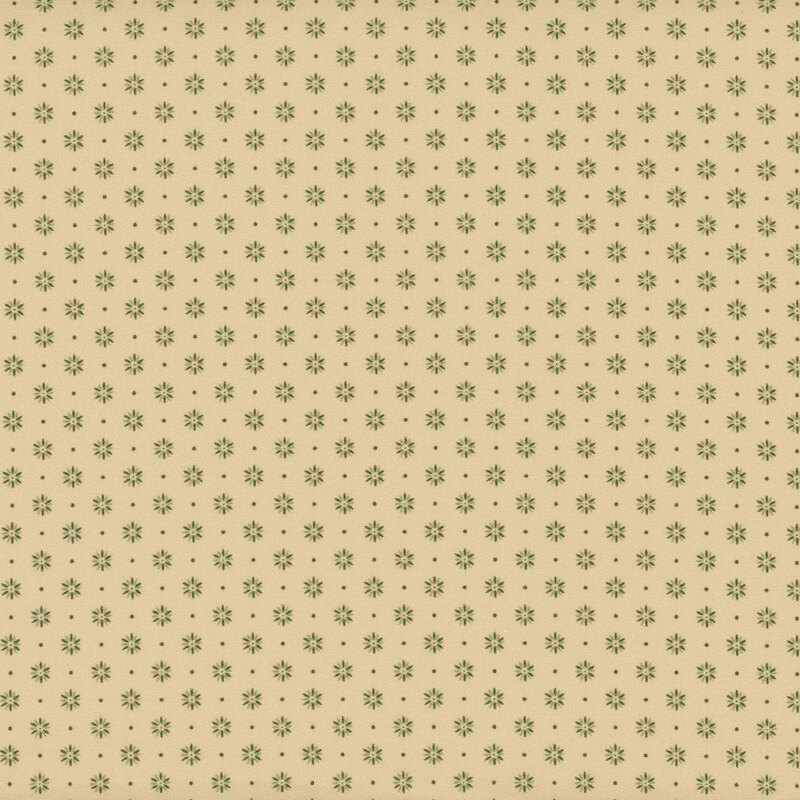 Tan fabric featuring rows of sage green flowers separated by sage dots.