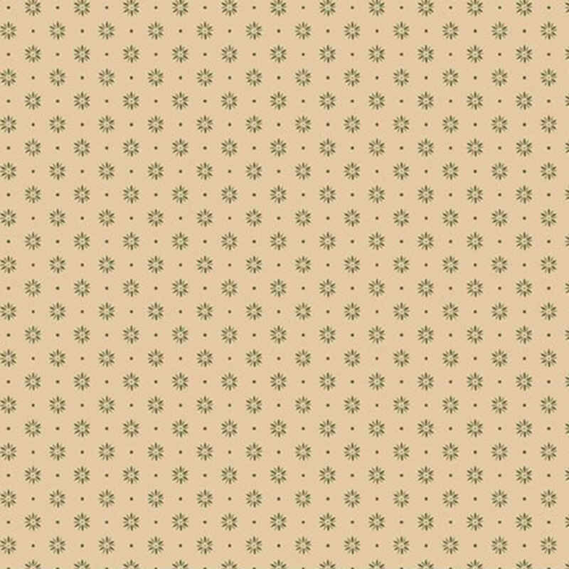 Tan fabric featuring rows of sage green flowers separated by sage dots.