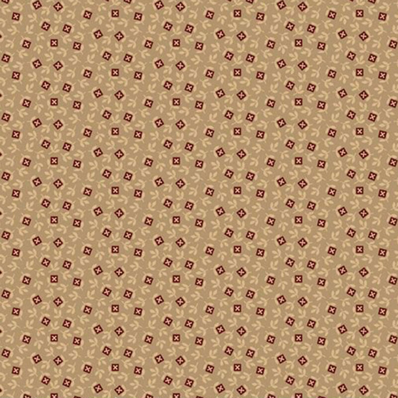 Brick red checkbox flower head design with beige leaves on tan fabric.