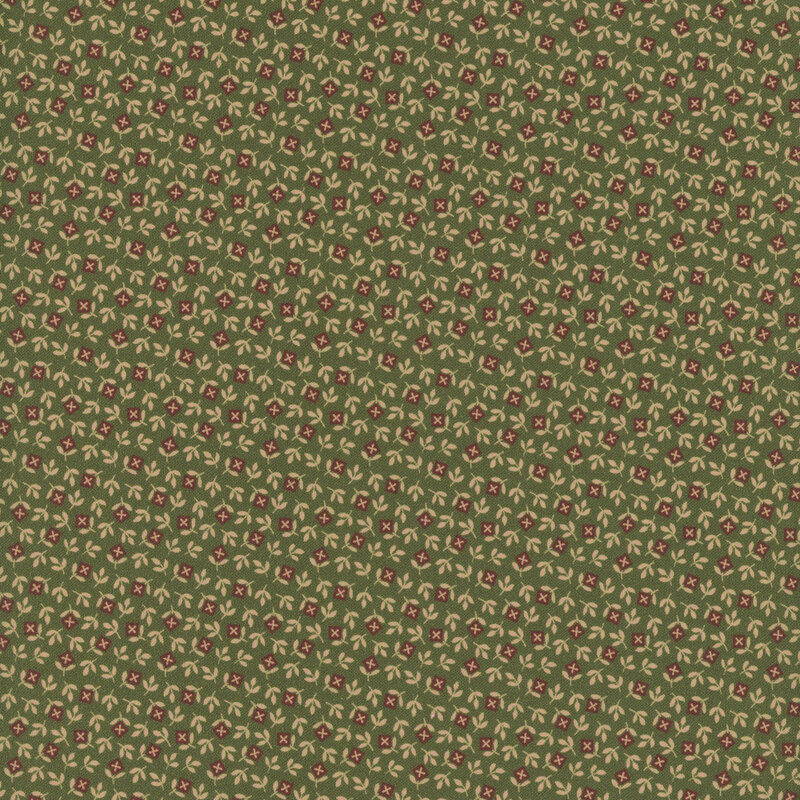 Brick red checkbox flower head design with olive green leaves on dark green fabric.