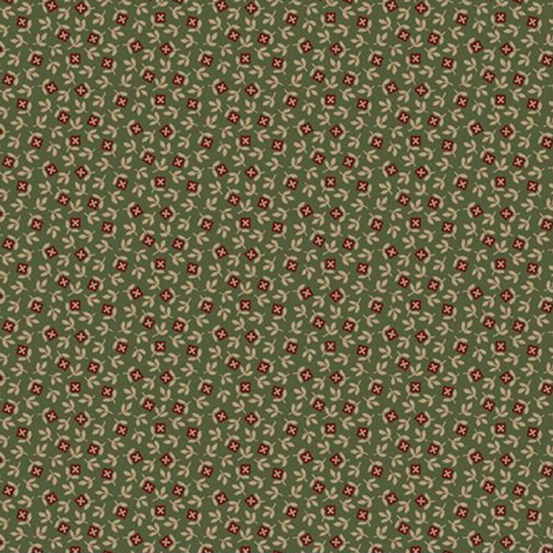 Brick red checkbox flower head design with olive green leaves on dark green fabric.