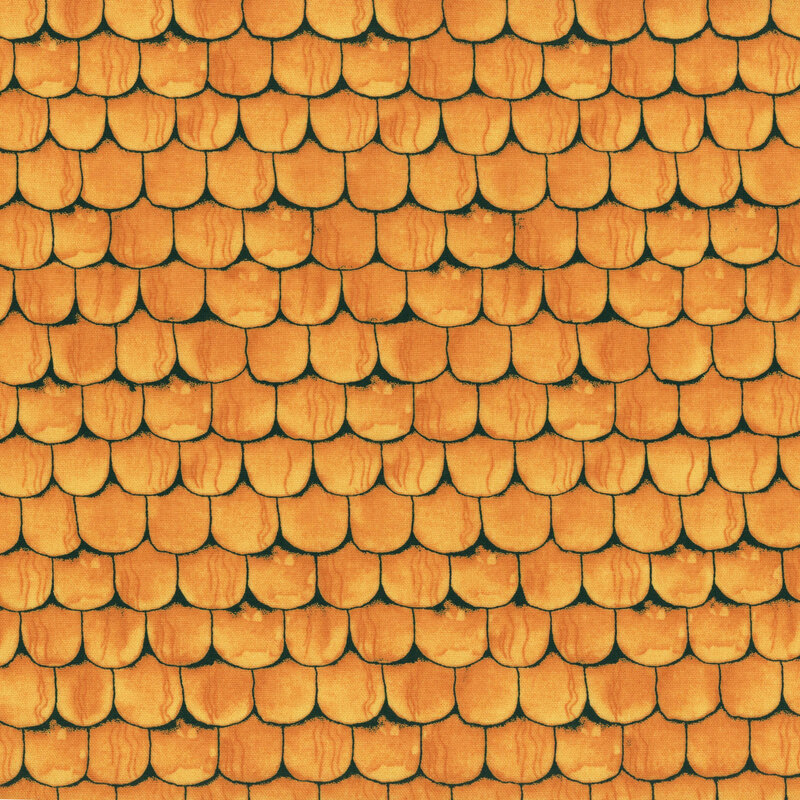 A mottled terra cotta orange fabric with a rooftop shingle design, outlined in black.