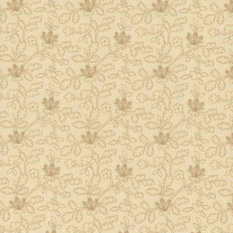 Beige floral fabric with intricate vine patterns and small flowers throughout.