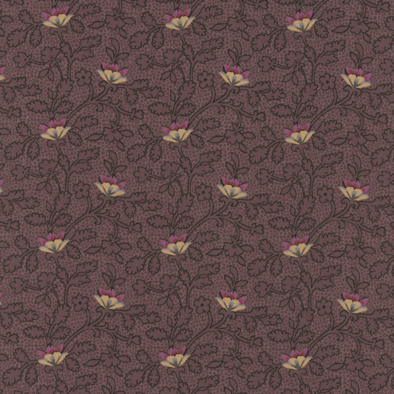 A floral fabric featuring light-colored flowers on dark purple foliage with intricate designs.