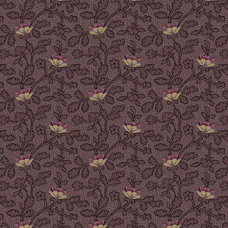 A floral fabric featuring light-colored flowers on dark purple foliage with intricate designs.