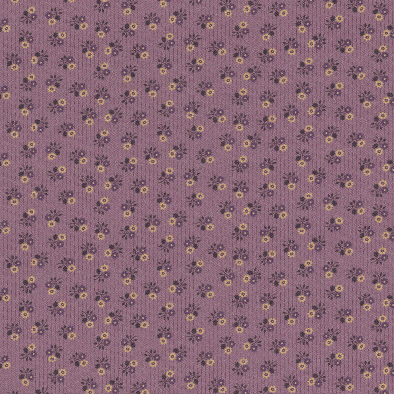A purple fabric with small beige flowers arranged evenly.