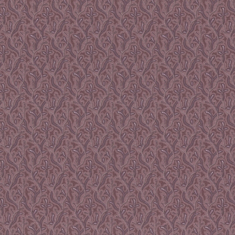 A fabric with a dense abstract vine pattern in shades of purple.