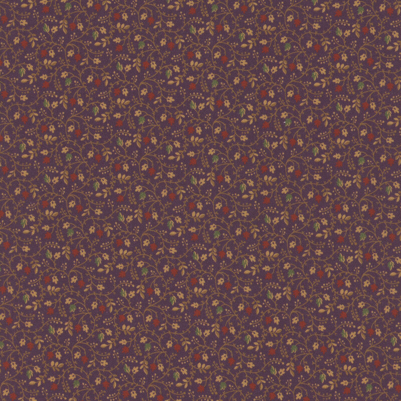 Floral fabric featuring small red flowers and cream leaves on a dark purple background.