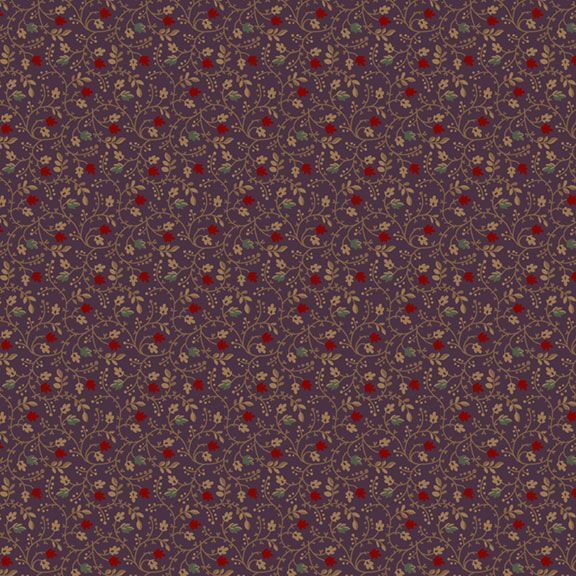 Floral fabric featuring small red flowers and cream leaves on a dark purple background.