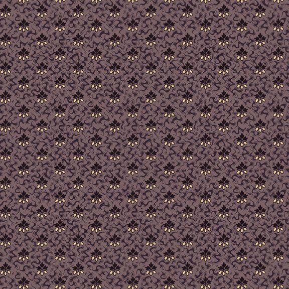 Decorative fabric pattern in shades of purple with intricate floral motifs in cream and black.