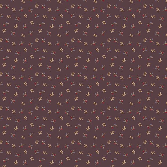A dark mauve fabric with small leaves and calico elements.