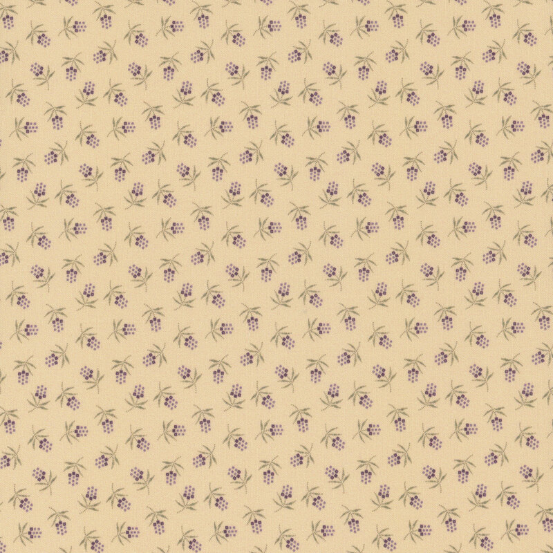Beige fabric with a repeating floral pattern of small purple flowers and green leaves.