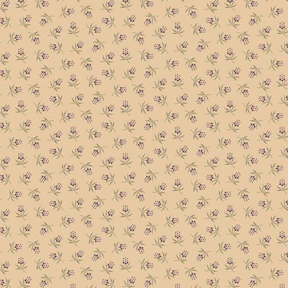 Beige fabric with a repeating floral pattern of small purple flowers and green leaves.