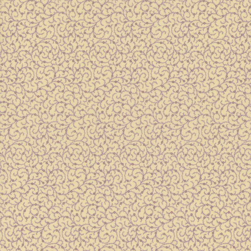 Beige background with intricate, swirling vine patterns in a soft purple hue.