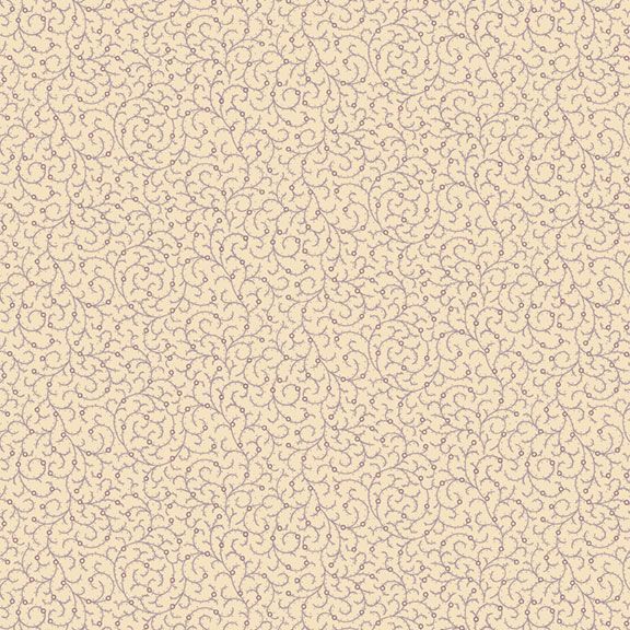 Beige background with intricate, swirling vine patterns in a soft purple hue.
