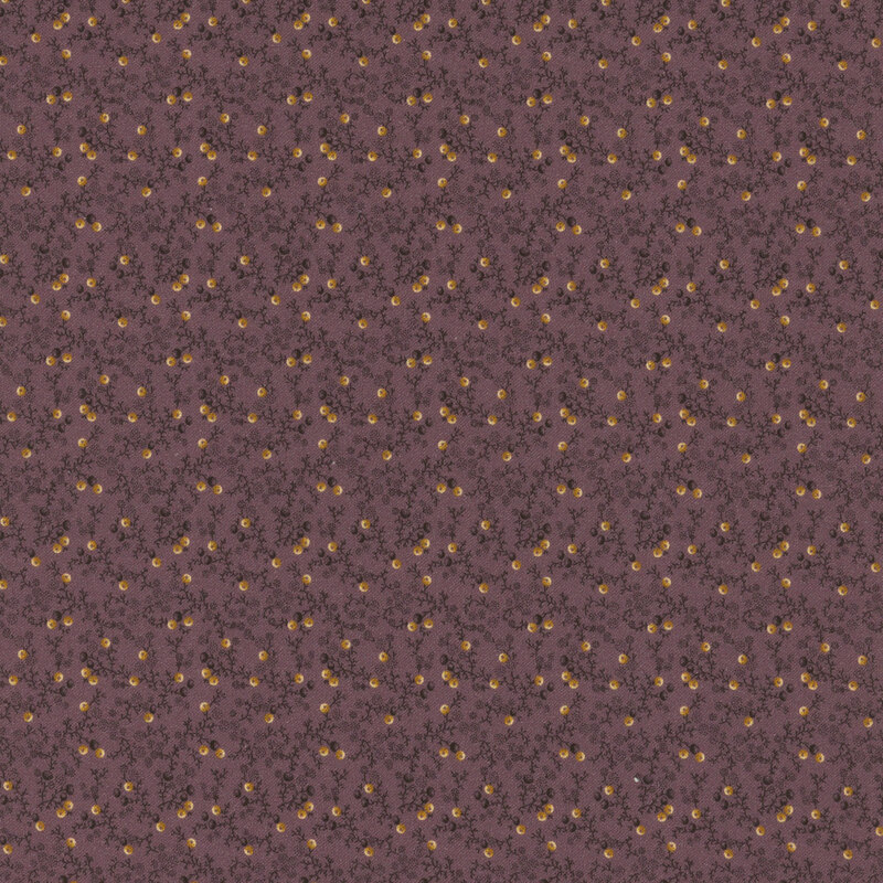 Repeating branch and sprig pattern on a dark purple background.