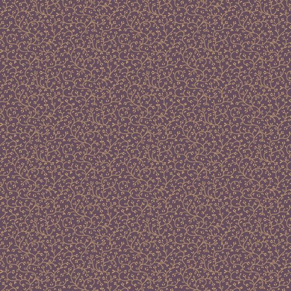 Purple patterned fabric with swirling vines in shades of cream.