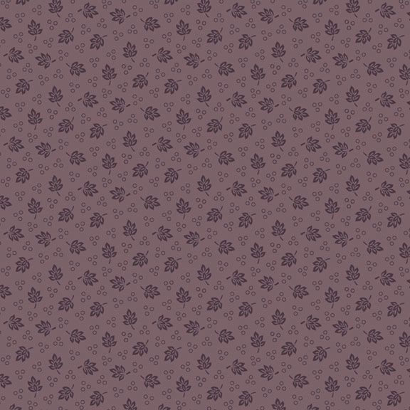 A purple fabric with a repeated pattern of ditsy leaves and circles.