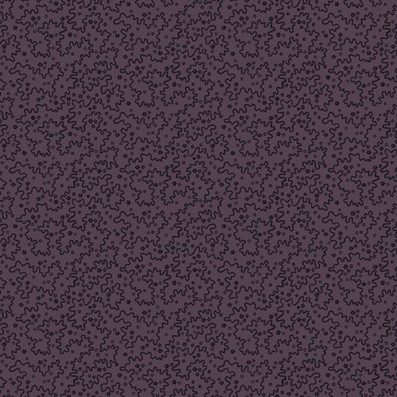 Abstract fabric with swirling, wavy lines in black on a purple background.