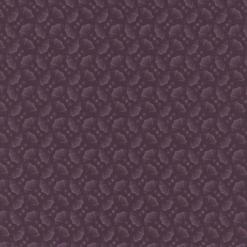 Purple fabric pattern featuring a repeating abstract floral and fan design.