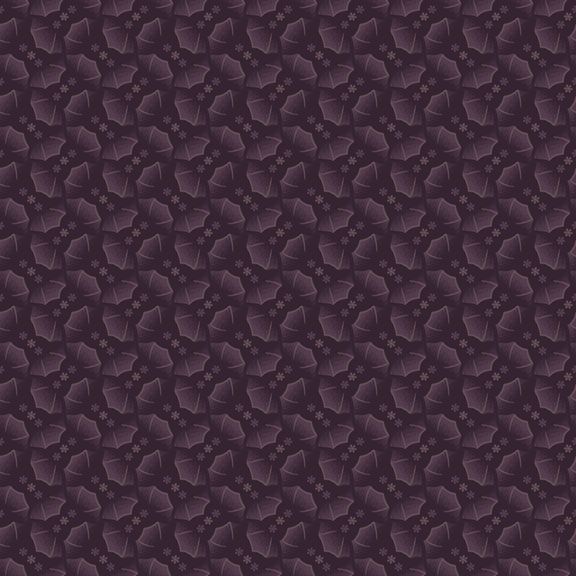 Purple fabric pattern featuring a repeating abstract floral and fan design.