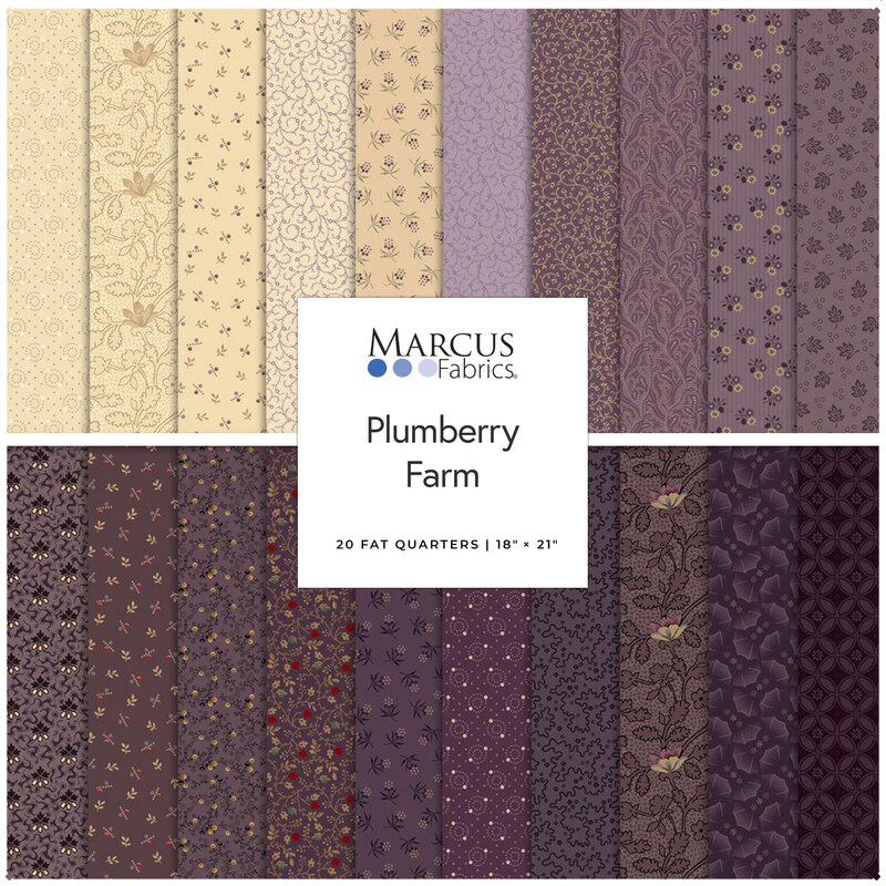 A collection of 20 fat quarters in various shades of purple and cream, featuring floral patterns, labeled Plumberry Farm by Marcus Fabrics.