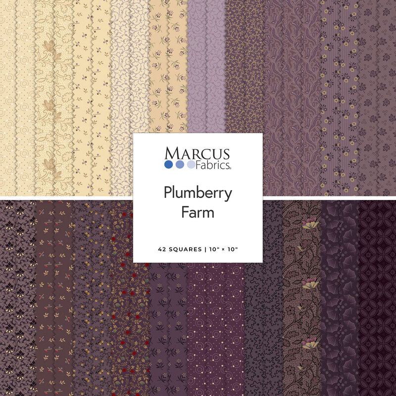Textile layout featuring 42 fabric squares in various purple patterns, labeled Plumberry Farm.