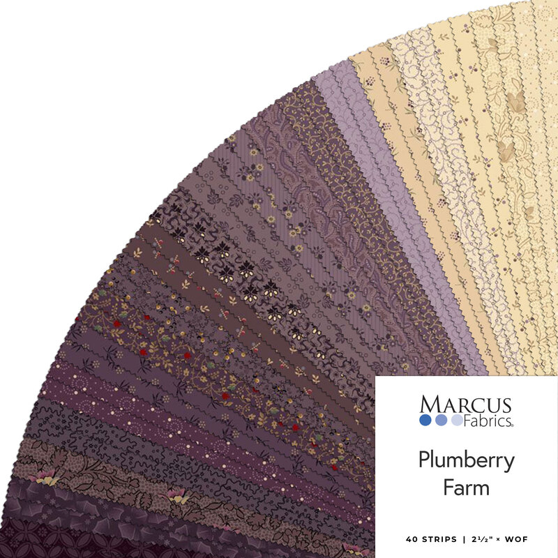 A color palette of fabric strips in various shades of purple and beige, labeled Plumberry Farm.