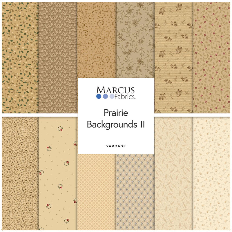 A fabric collage featuring neutral fabrics from the Prairie Backgrounds II collection.