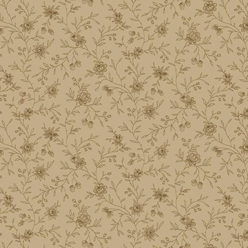 A tonal khaki fabric with flowers and vines.  