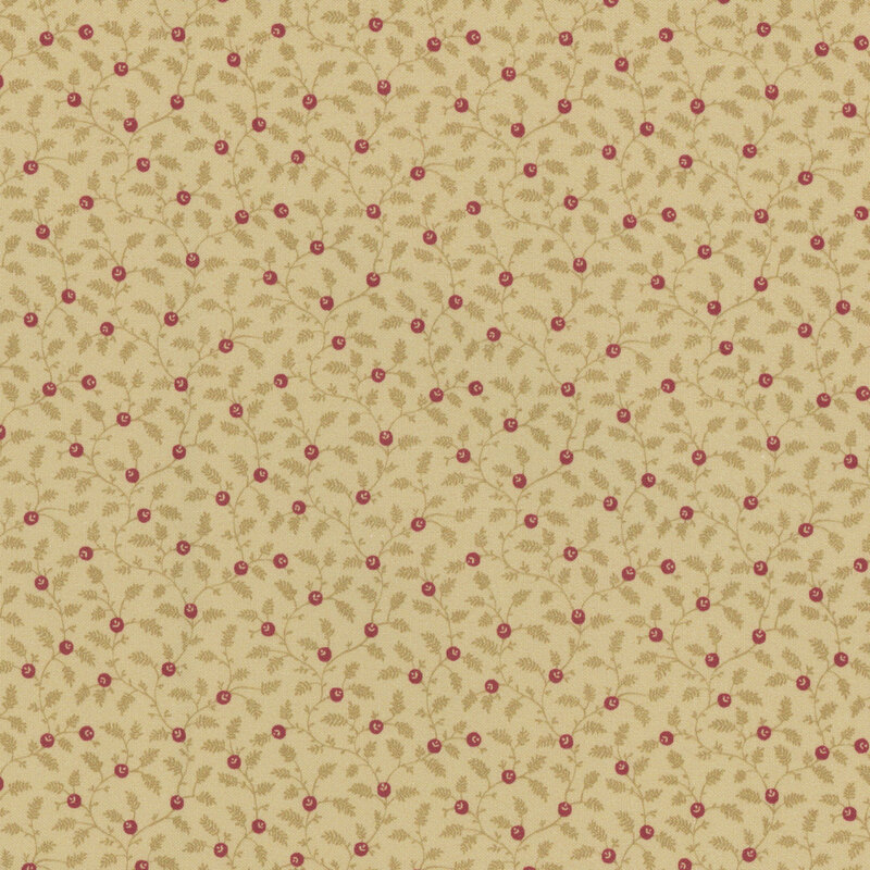 A tan colored fabric with small red rosebuds and leaves. 