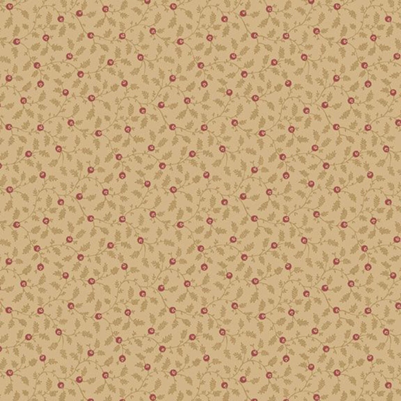 A tan colored fabric with small red rosebuds and leaves. 