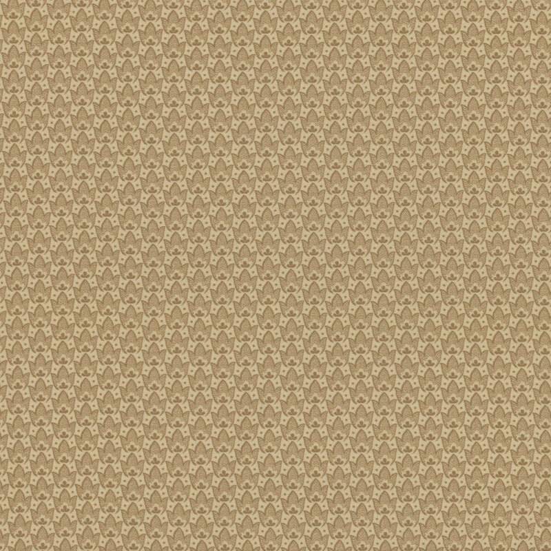 A tonal coffee colored fabric with packed stylized tulips. 