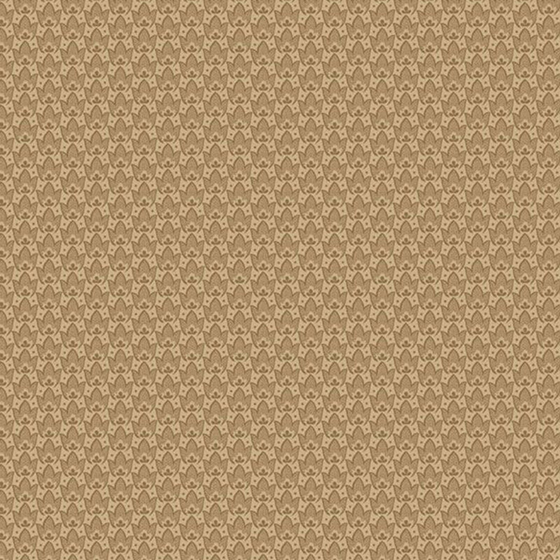 A tonal coffee colored fabric with packed stylized tulips. 