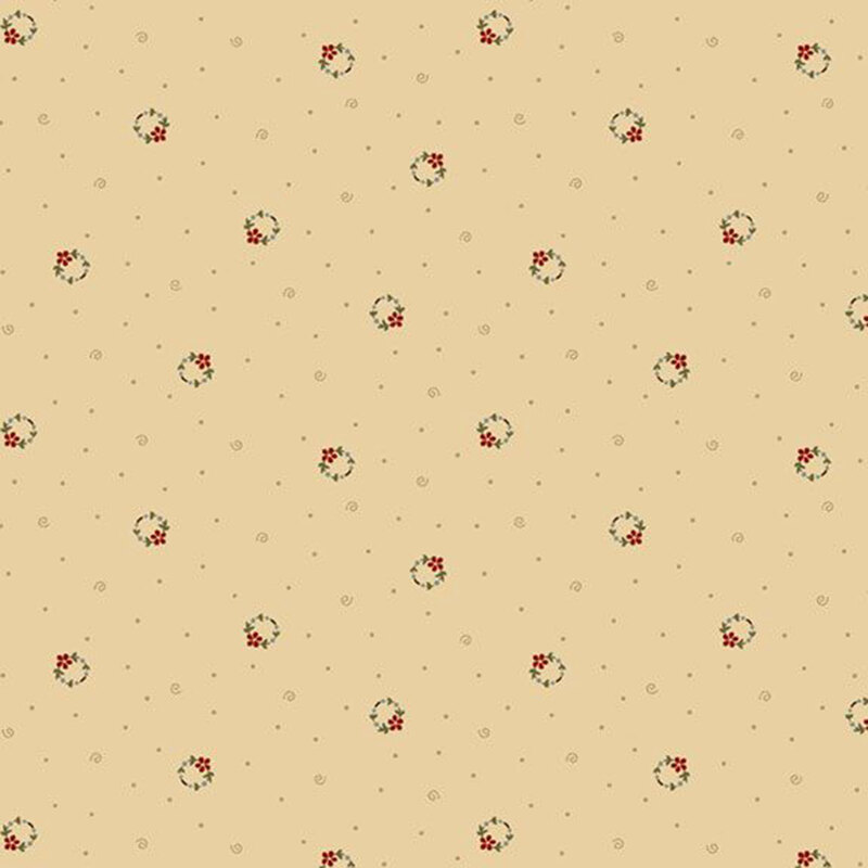 A cream fabric with tiny red floral bouquets, swirls, and dots. 