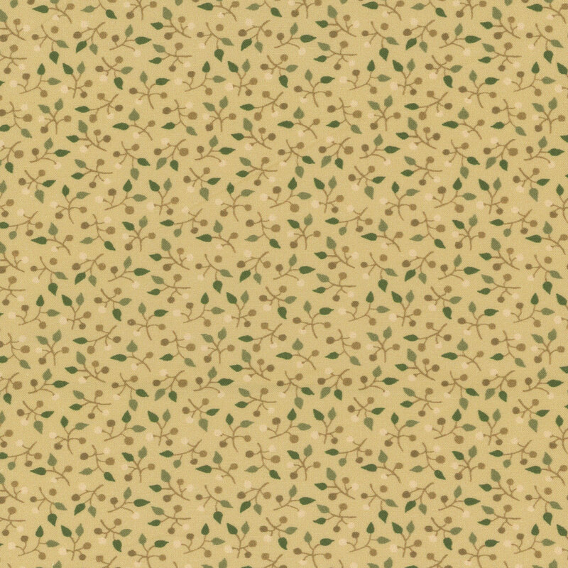A beige fabric with scattered green and olive leaves.