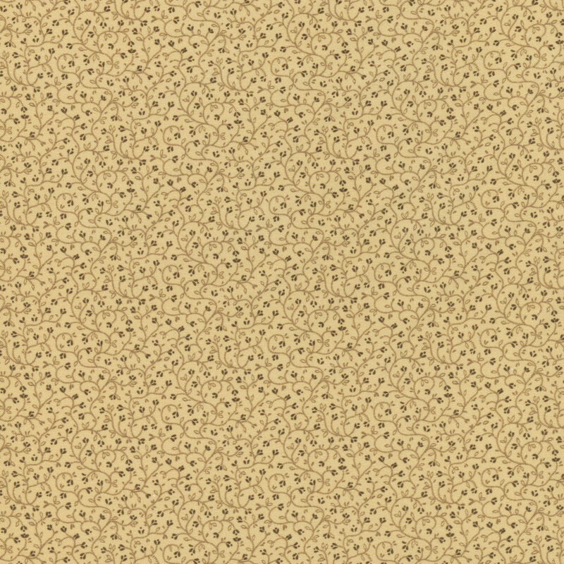 A beige fabric with tiny red rose buds and vines. 